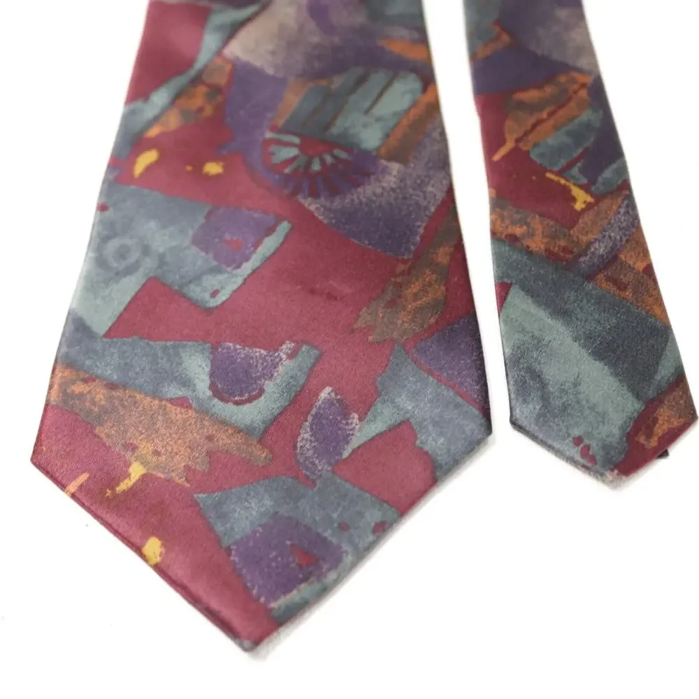 Vtg Cambridge Classics Mervyns Tie Mens 57 in Burgundy Silk Abstract Wide